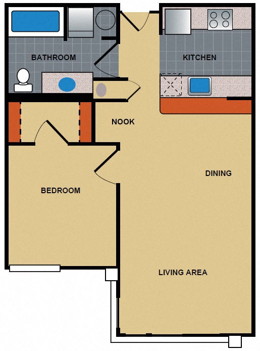 Floor plan for 1 bed, 1 bath, 700 sqft